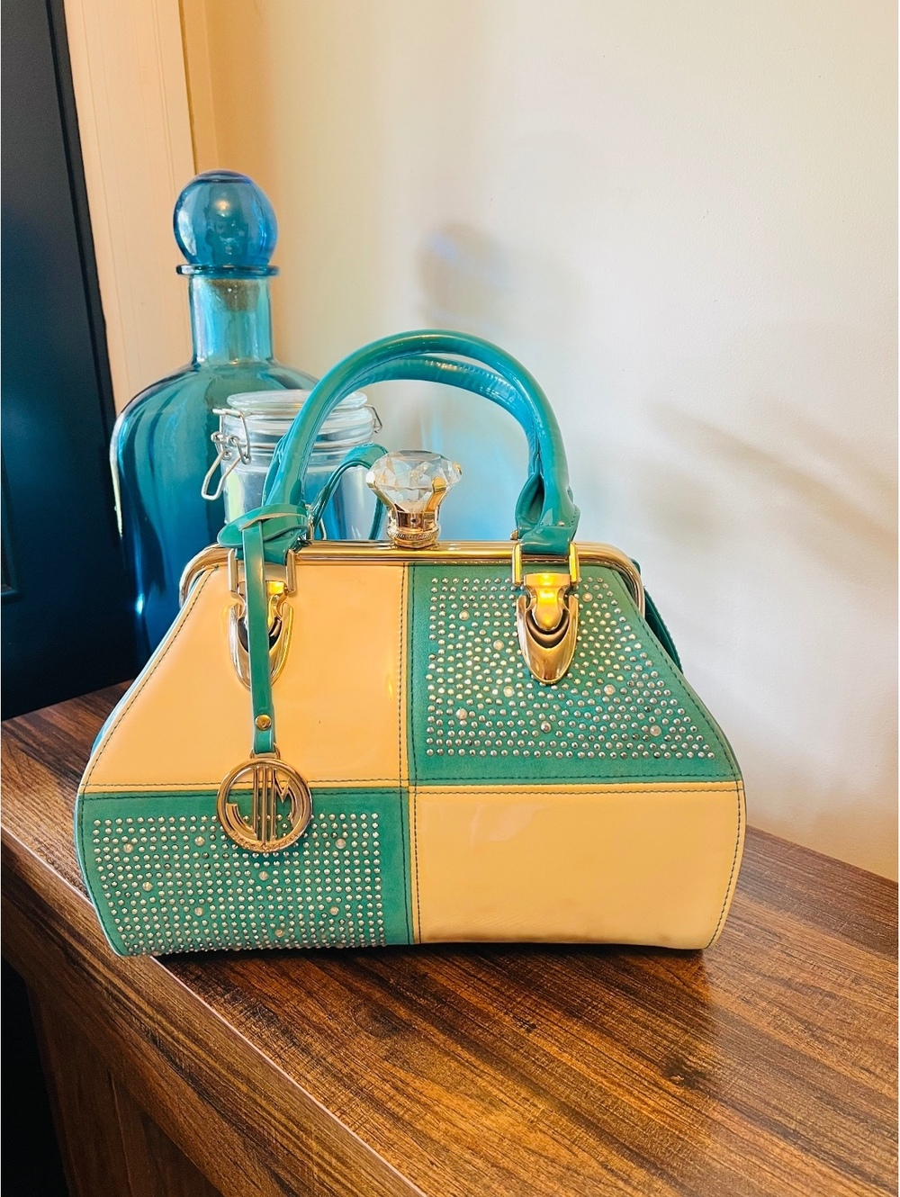 Julia and Michael Huge Diamond Clasp Turquoise Patent Leather Purse Bag Handbag